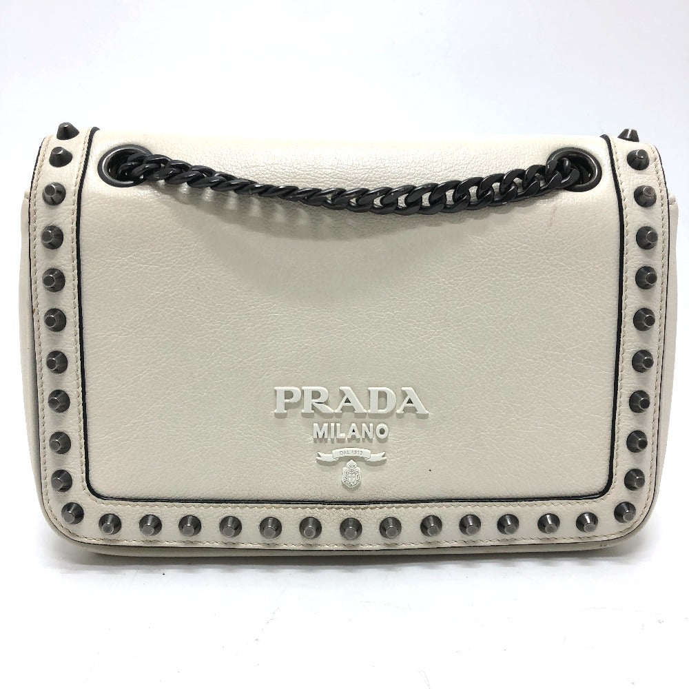 PRADA 1BD147 Logo Stud Chain Shoulder Bag, 2-Way Leather Shoulder Bag, Women's, White