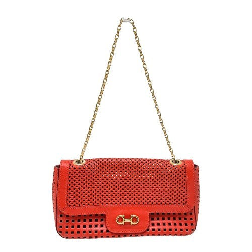 Salvatore Ferragamo ガンチーニ パンチング カバン チェーン ショルダーバッグ レザー レディース レッド