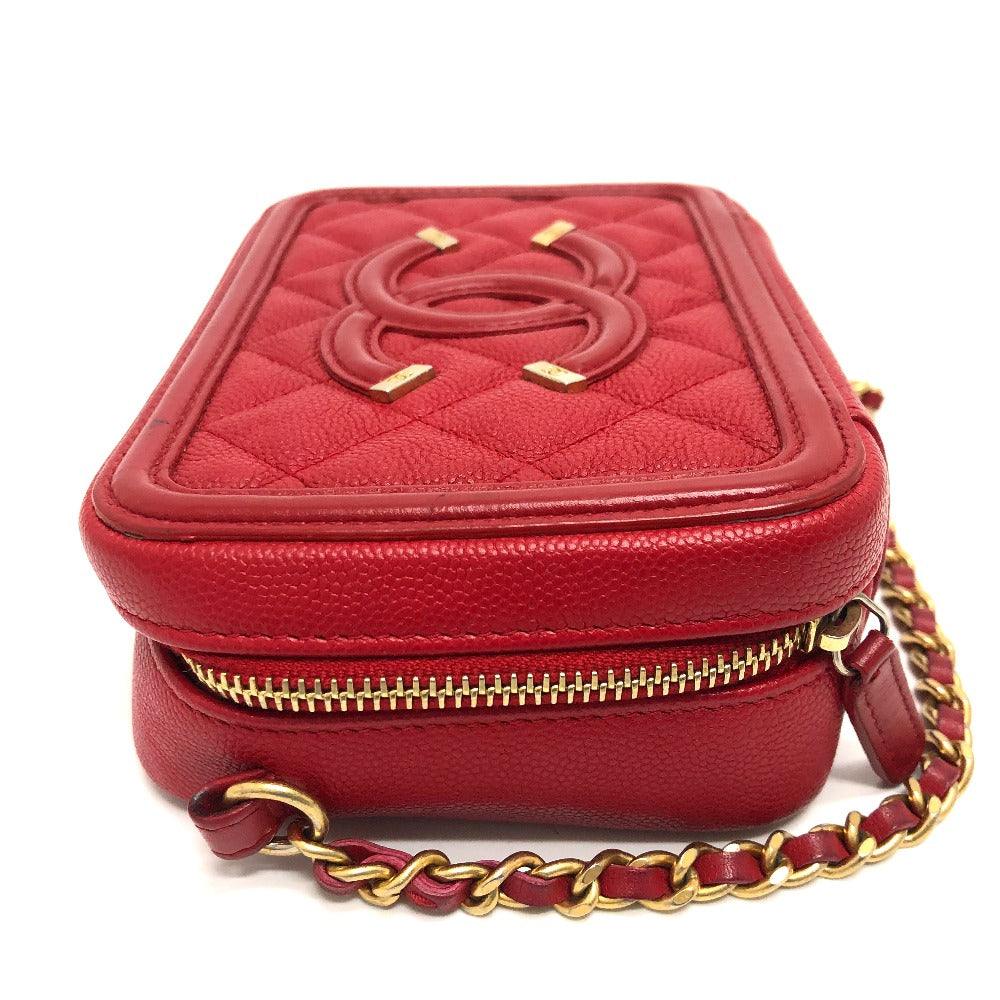 CHANEL A84452 CC フィリグリー マトラッセ チェーン ミニ ショルダーバッグ キャビアスキン レディース レッド