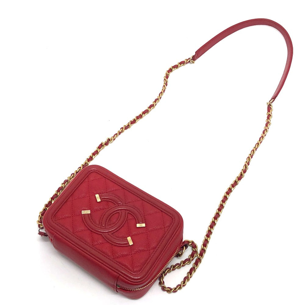 CHANEL A84452 CC フィリグリー マトラッセ チェーン ミニ ショルダーバッグ キャビアスキン レディース レッド