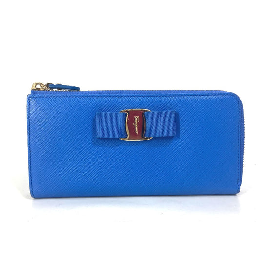 Salvatore Ferragamo 22-C124 ヴァラ ヴァラりぼん リボン L字ファスナー 長財布 レザー レディース ブルー