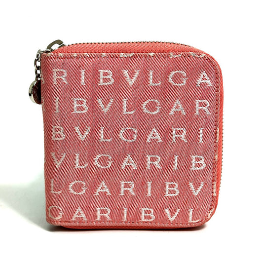 BVLGARI ロゴマニア コンパクトウォレット ラウンドファスナー 2つ折り財布 キャンバス レディース ピンク