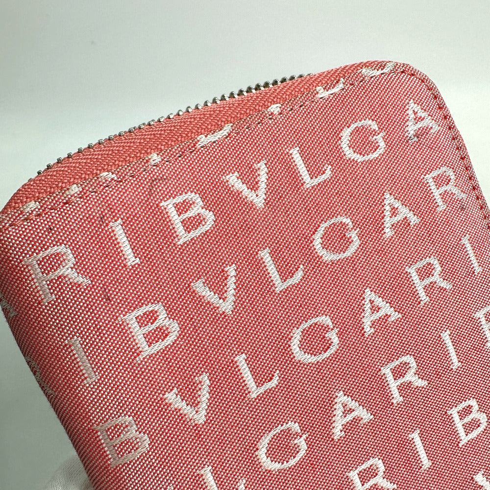 BVLGARI ロゴマニア コンパクトウォレット ラウンドファスナー 2つ折り財布 キャンバス レディース ピンク