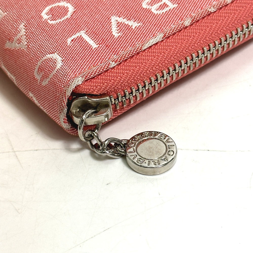 BVLGARI ロゴマニア コンパクトウォレット ラウンドファスナー 2つ折り財布 キャンバス レディース ピンク