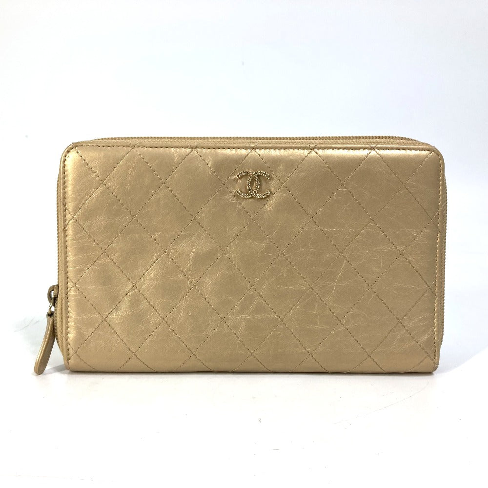 CHANEL ココマーク CC マトラッセ キルティング ラウンドファスナー 長財布 カーフスキン レディース ゴールド
