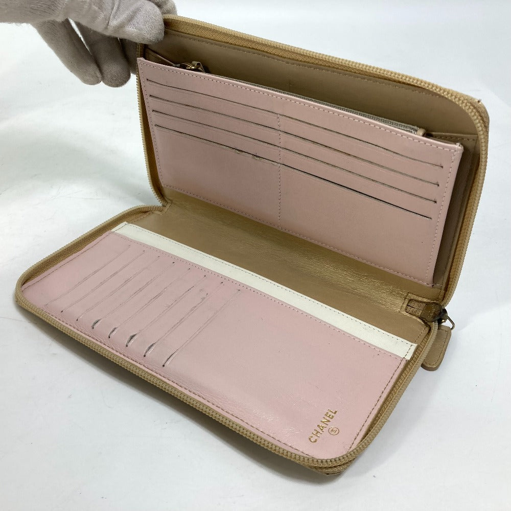 CHANEL ココマーク CC マトラッセ キルティング ラウンドファスナー 長財布 カーフスキン レディース ゴールド