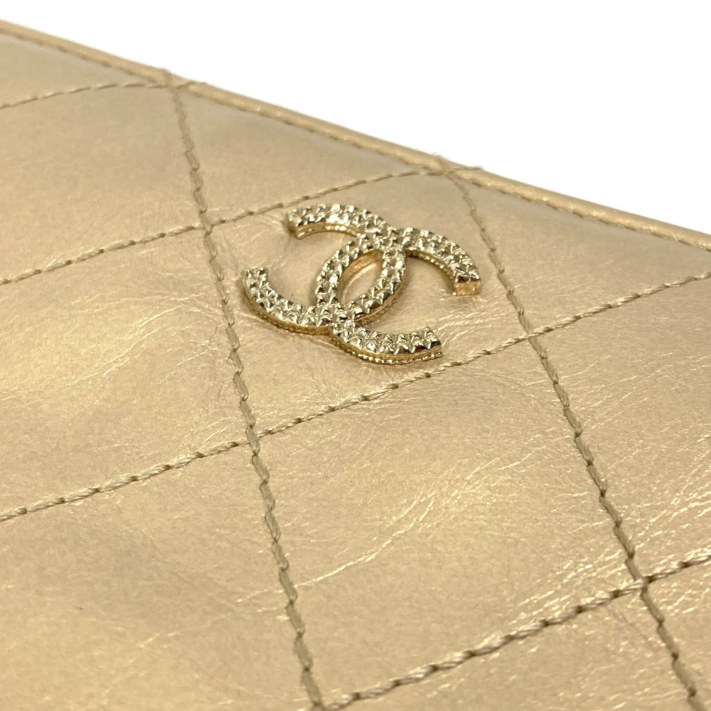 CHANEL ココマーク CC マトラッセ キルティング ラウンドファスナー 長財布 カーフスキン レディース ゴールド