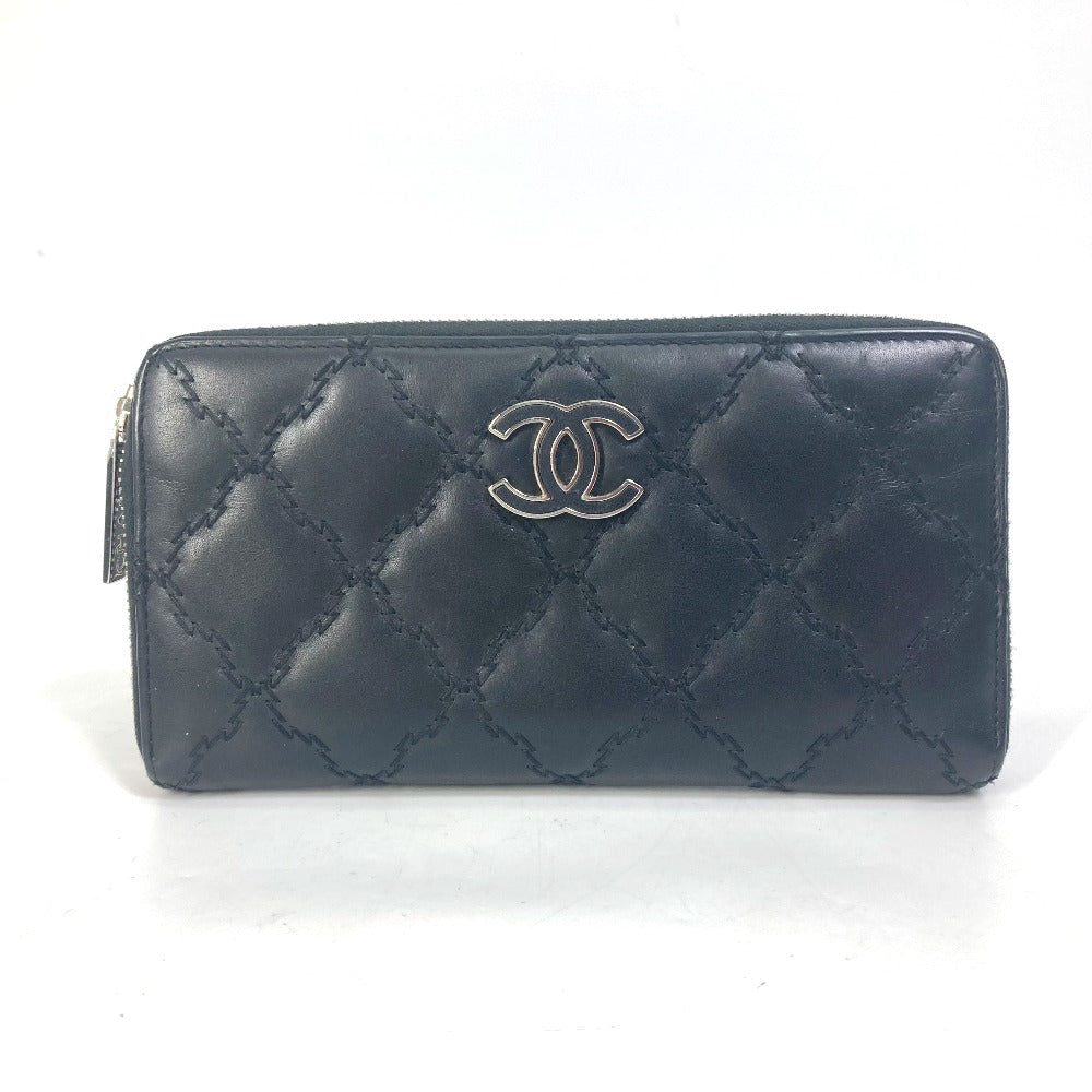 CHANEL ココマーク CC マトラッセ キルティング ラウンドファスナー 長財布 ラムスキン レディース ブラック