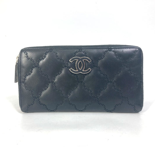 CHANEL ココマーク CC マトラッセ キルティング ラウンドファスナー 長財布 ラムスキン レディース ブラック