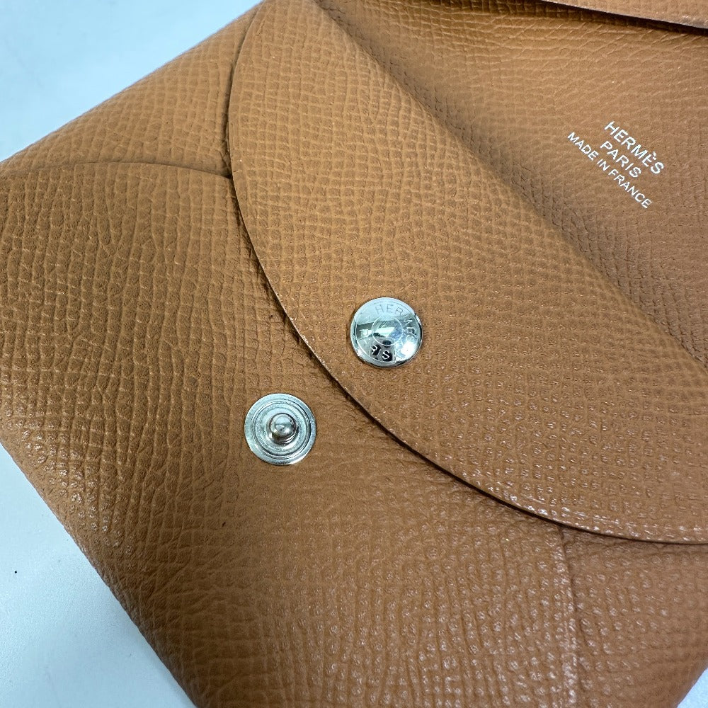 HERMES Calvi Duo Wallet, Coin Purse, Card Case, Epsom Leather, Women's, Gold/Brown