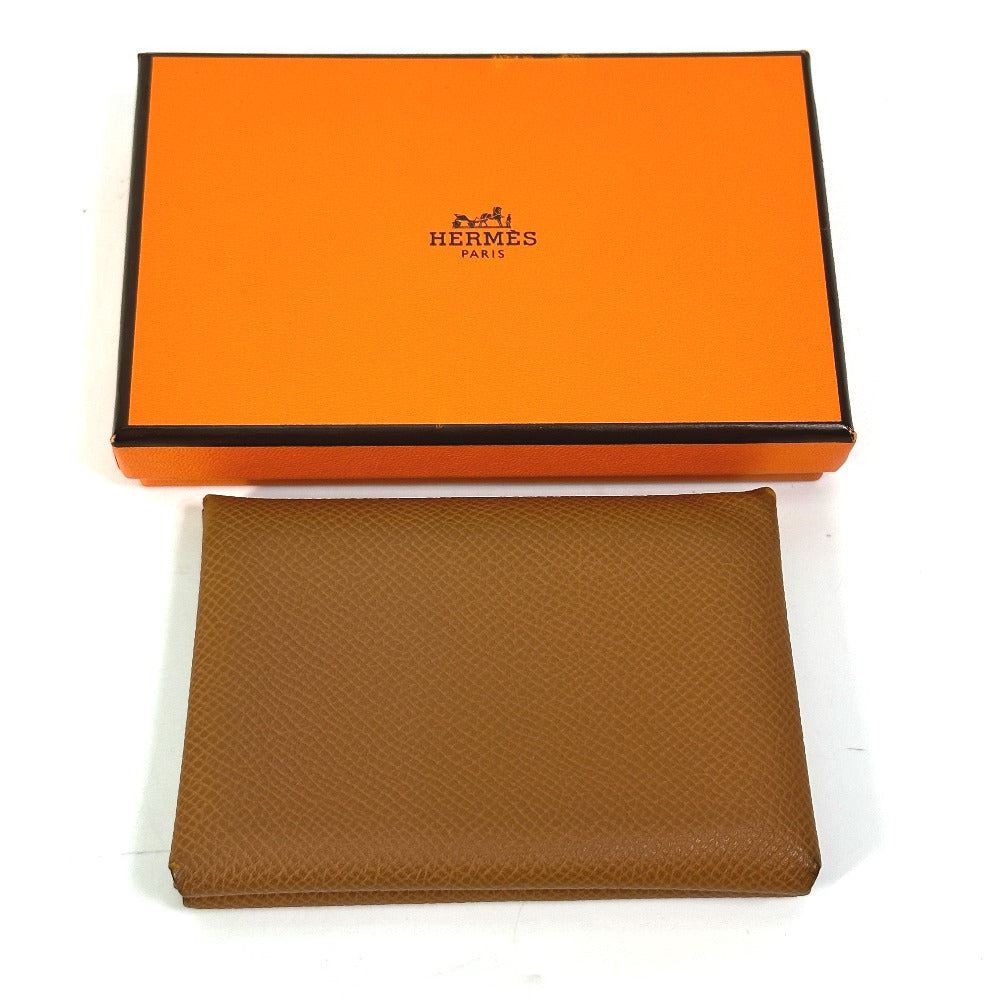 HERMES Calvi Duo Wallet, Coin Purse, Card Case, Epsom Leather, Women's, Gold/Brown