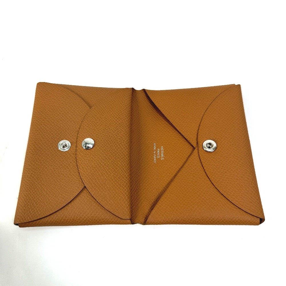 HERMES Calvi Duo Wallet, Coin Purse, Card Case, Epsom Leather, Women's, Gold/Brown
