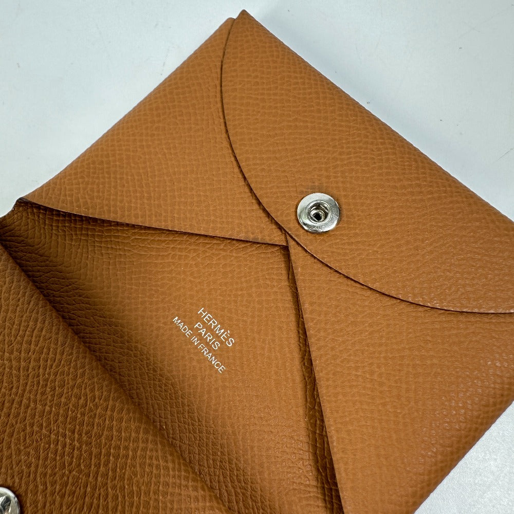 HERMES Calvi Duo Wallet, Coin Purse, Card Case, Epsom Leather, Women's, Gold/Brown
