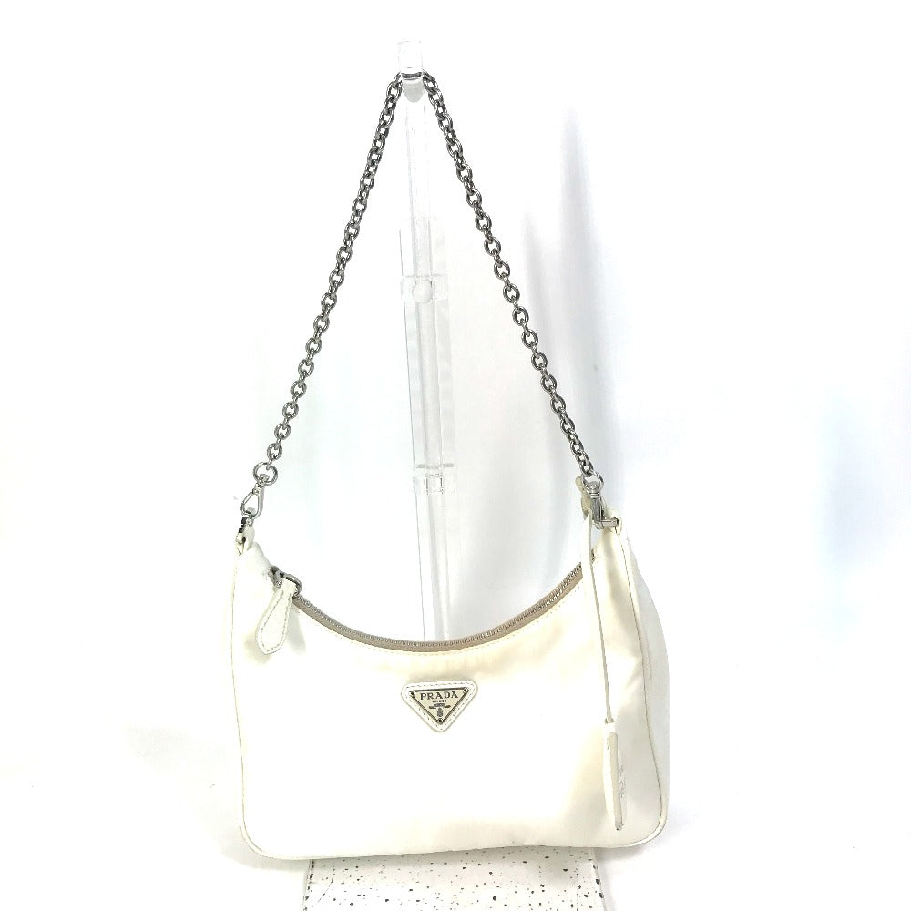 PRADA 1BH204 Triangle Logo Plate Re-Edition 2005 Crossbody Chain Shoulder Bag with Pouch, Nylon, White