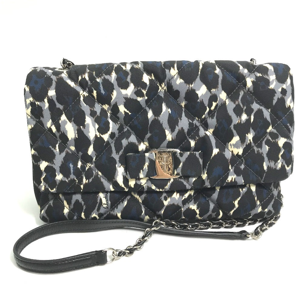 Salvatore Ferragamo E834 Vara Ribbon Leopard Chain Shoulder Bag in Nylon/Leather, Black