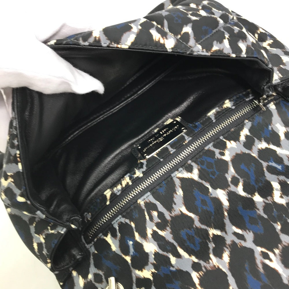 Salvatore Ferragamo E834 Vara Ribbon Leopard Chain Shoulder Bag in Nylon/Leather, Black