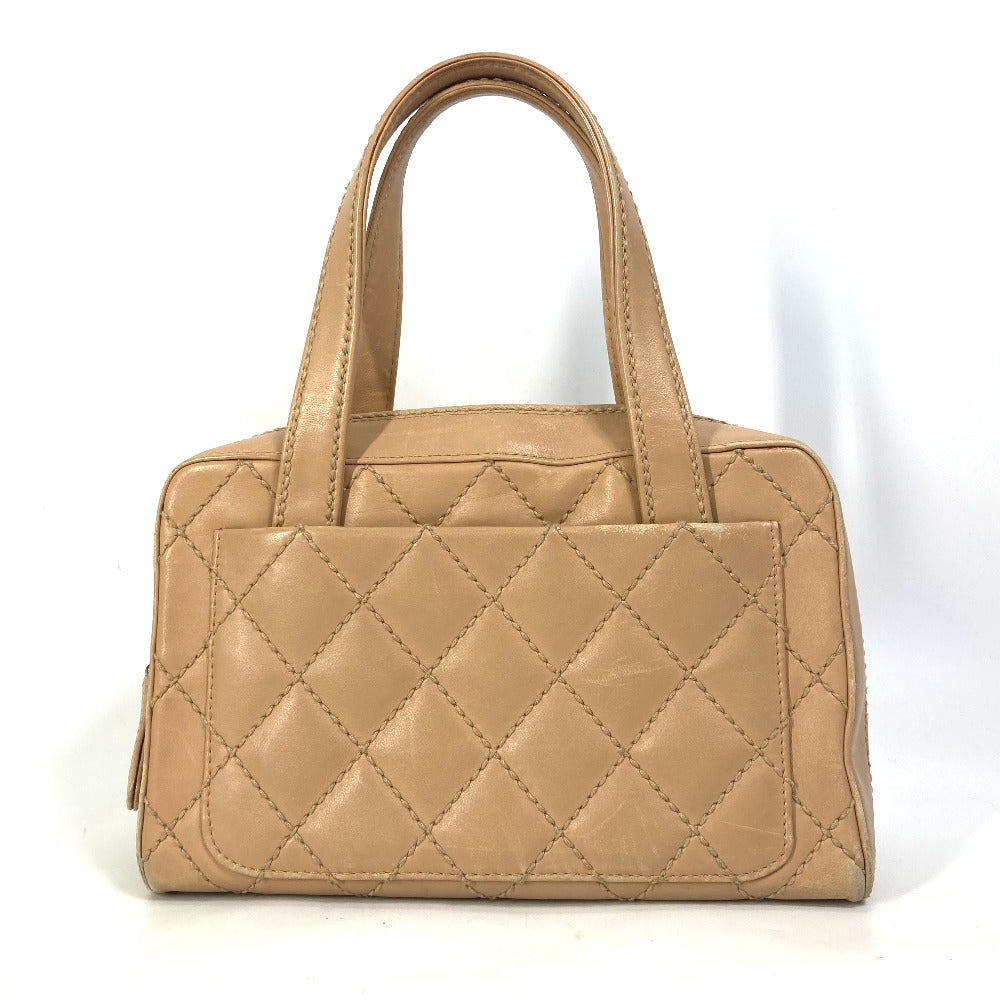 CHANEL CC Coco Mark Wild Stitch Vintage Boston Bag Shoulder Bag Handbag Leather Women's Beige