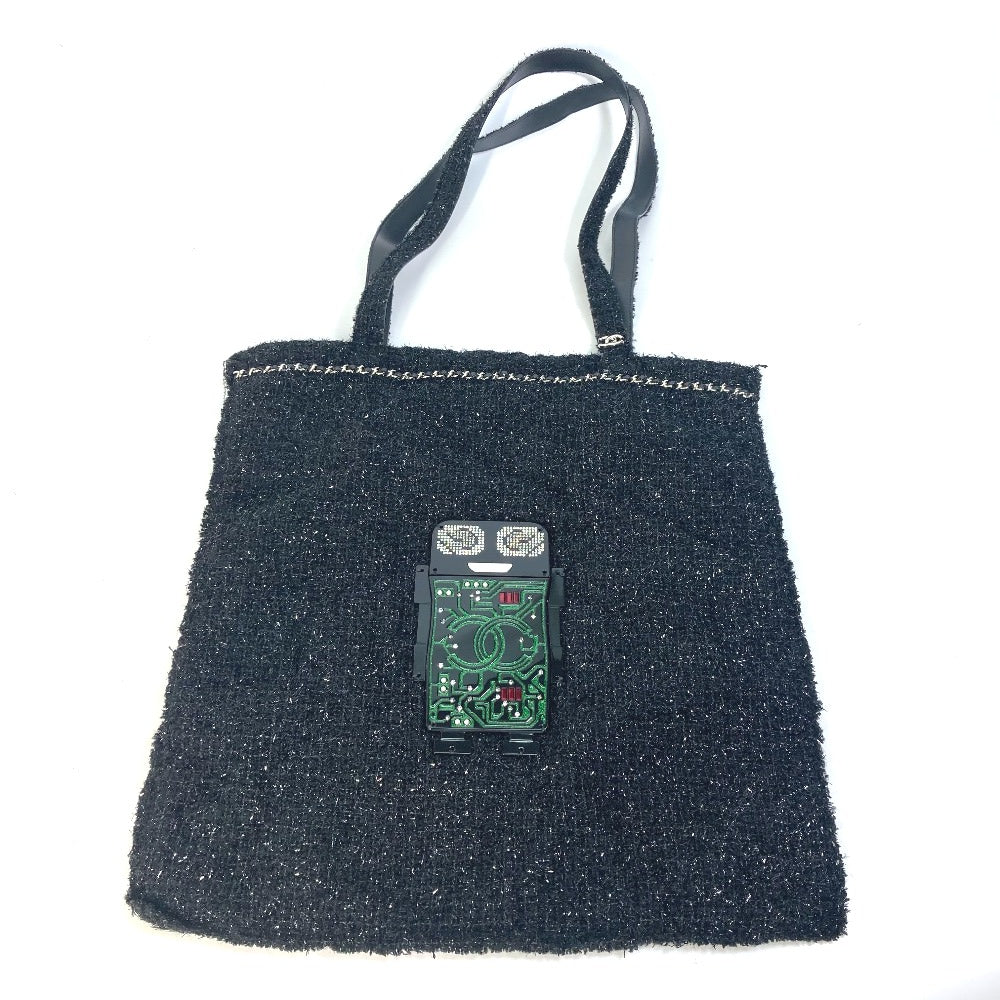 CHANEL A94646 CC ココマーク ラインストーン パール ロボット ラージ チェーン ショッピングバッグ 肩掛け トートバッグ ツイード レディース ブラック