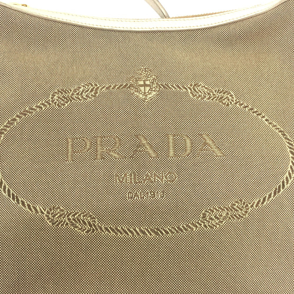PRADA BT0706 Logo Jacquard Shoulder Bag in Canvas/Leather, Beige