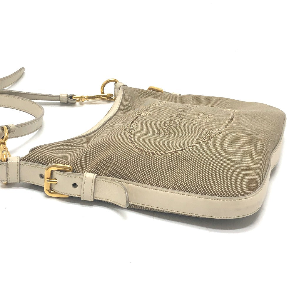 PRADA BT0706 Logo Jacquard Shoulder Bag in Canvas/Leather, Beige