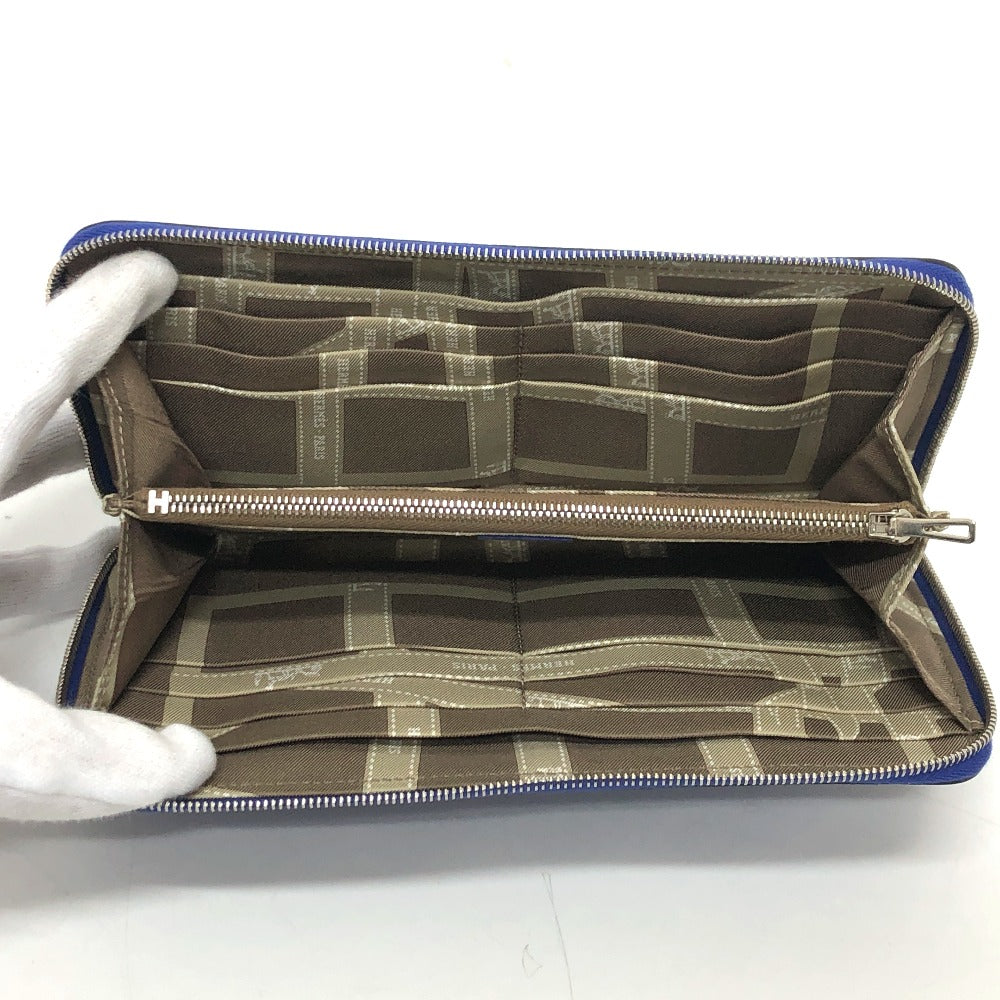 HERMES Azap Long Silk-in Round Zipper Long Wallet, Epsom Leather, Women's, Blue, France