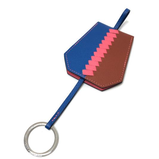 HERMES Clé Grand Trace Crochet Key Ring, Epson, Women's, Brick x Bleu Zéliege x Rose Azalee, Blue