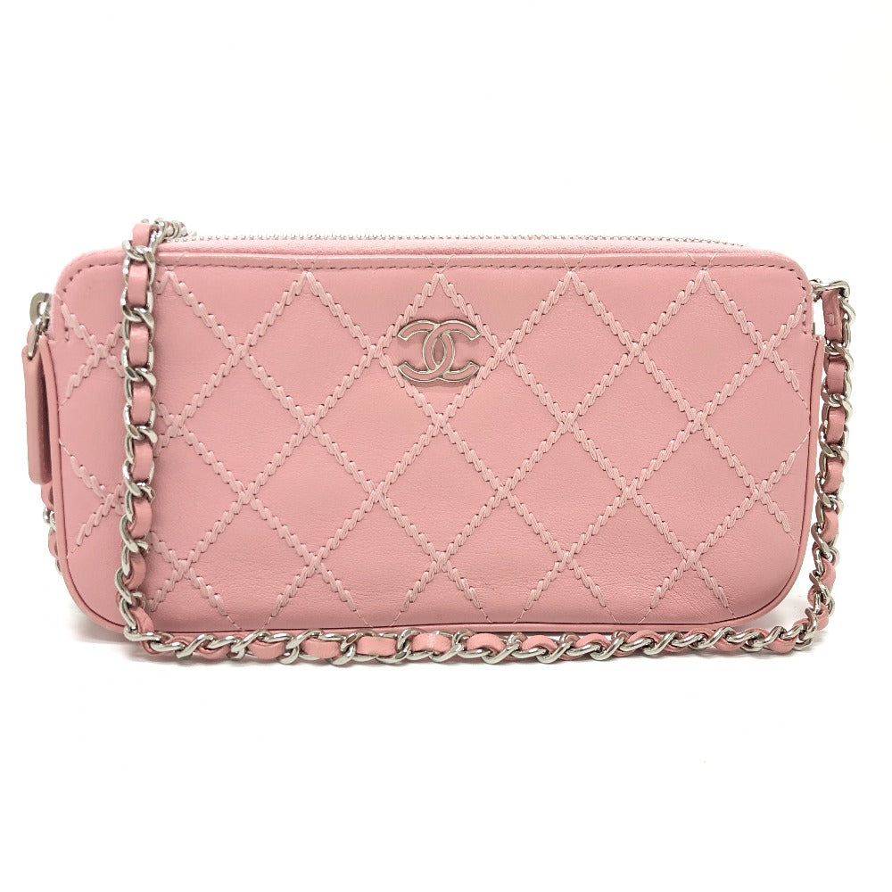 CHANEL A82527 CC Coco Mark Matelasse Wild Stitch Chain Wallet Long Wallet Shoulder Bag Lambskin Women's Pink