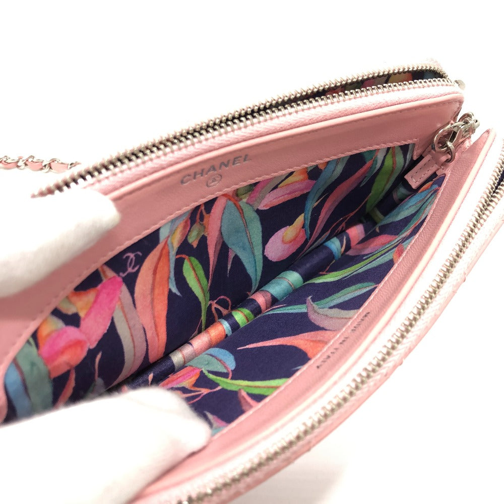 CHANEL A82527 CC Coco Mark Matelasse Wild Stitch Chain Wallet Long Wallet Shoulder Bag Lambskin Women's Pink