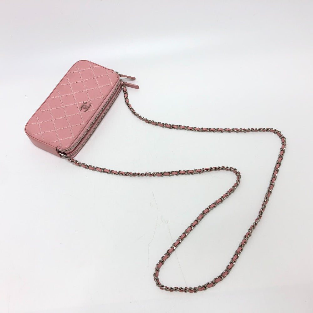 CHANEL A82527 CC Coco Mark Matelasse Wild Stitch Chain Wallet Long Wallet Shoulder Bag Lambskin Women's Pink