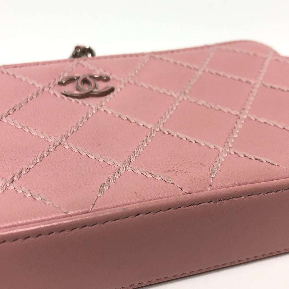 CHANEL A82527 CC Coco Mark Matelasse Wild Stitch Chain Wallet Long Wallet Shoulder Bag Lambskin Women's Pink