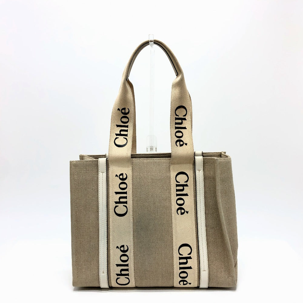 Chloe Logo Woody Medium Handbag/Tote Bag in Beige Canvas