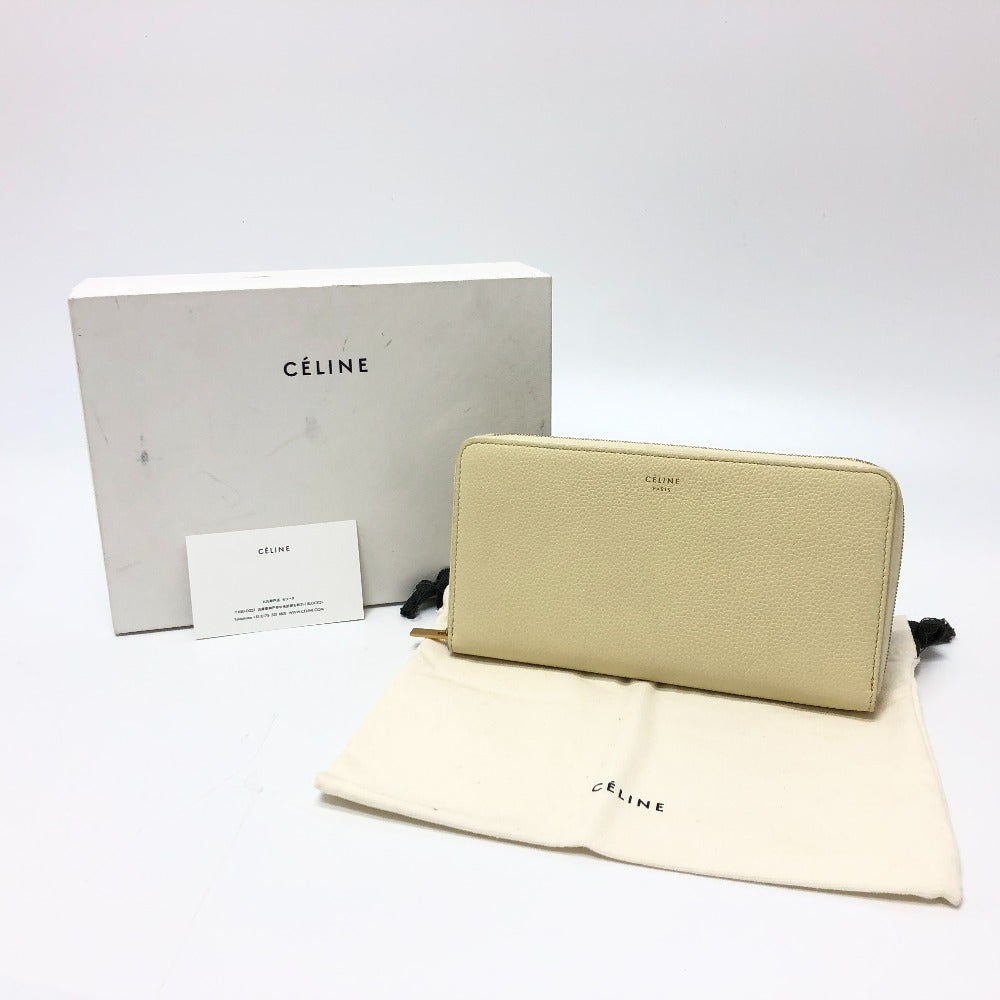 CELINE Long Wallet, Round Zipper, Leather, Women's, Beige