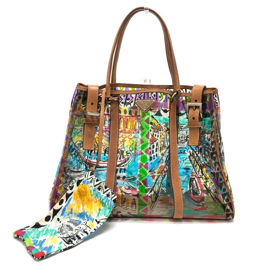 PRADA BR2515 Venezia Print Tote Bag in Vinyl and Leather, Multicolor