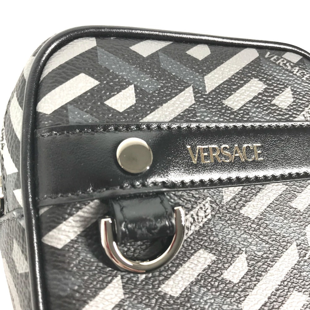 VERSACE 総ロゴ ラグレカ スクエア メイクポーチ 化粧ポーチ マルチポーチ ポーチ レザー レディース グレー