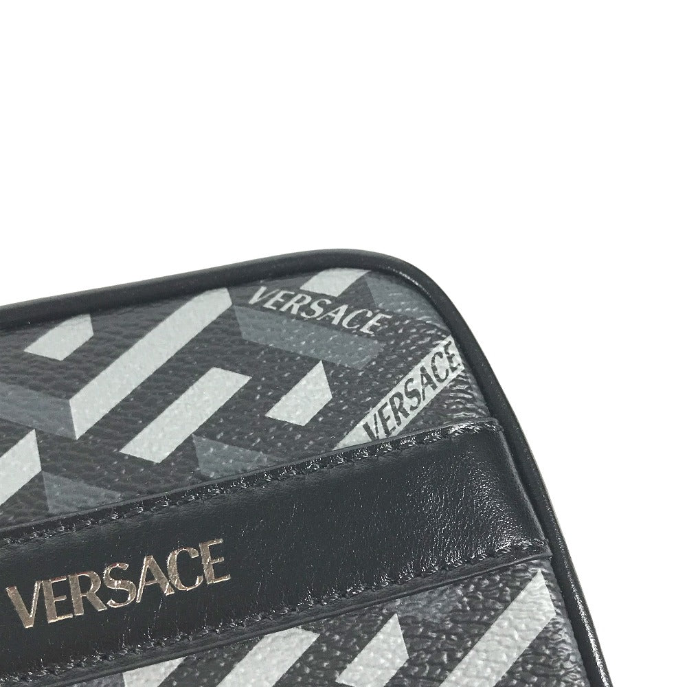 VERSACE 総ロゴ ラグレカ スクエア メイクポーチ 化粧ポーチ マルチポーチ ポーチ レザー レディース グレー
