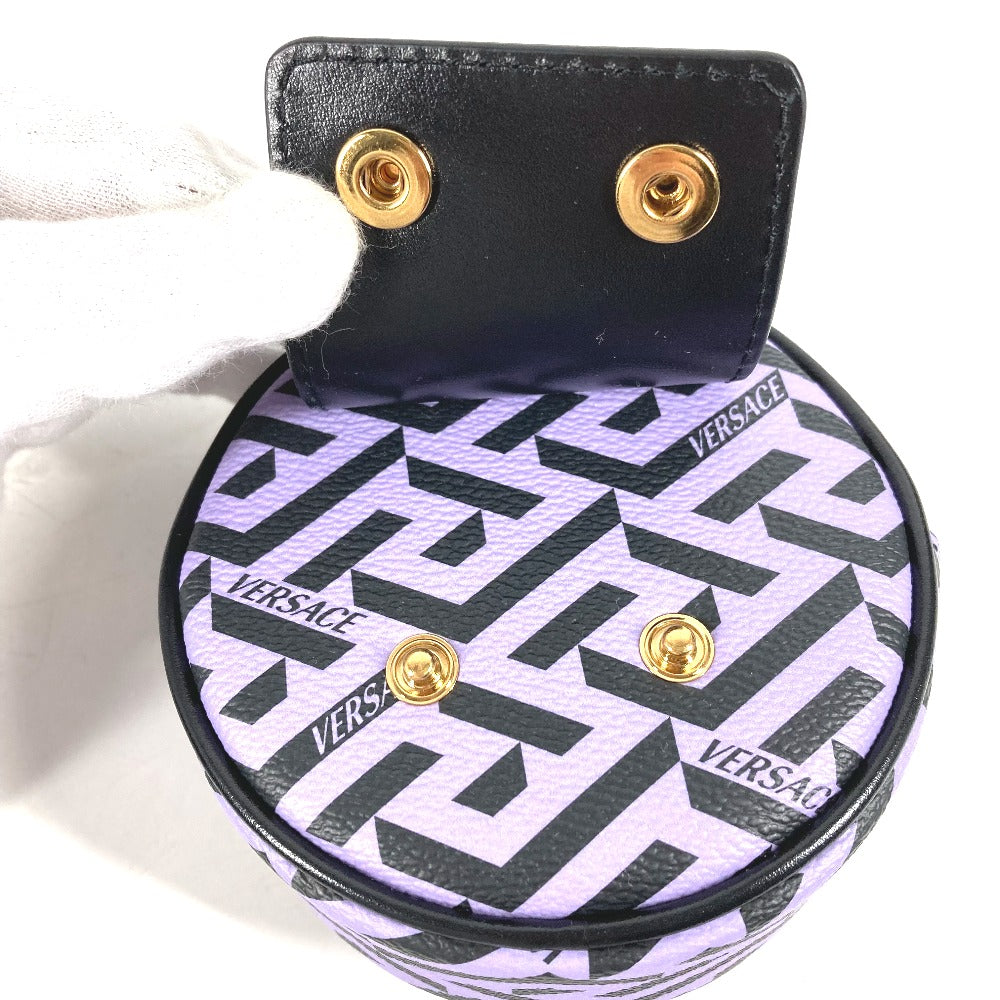 VERSACE 総ロゴ ラグレカ ラウンド メイクポーチ 化粧ポーチ マルチポーチ ポーチ レザー レディース パープル