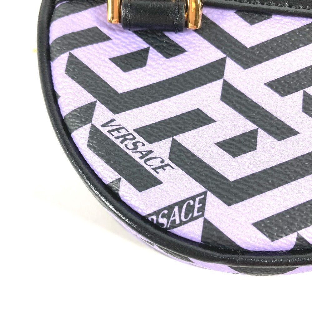 VERSACE 総ロゴ ラグレカ ラウンド メイクポーチ 化粧ポーチ マルチポーチ ポーチ レザー レディース パープル