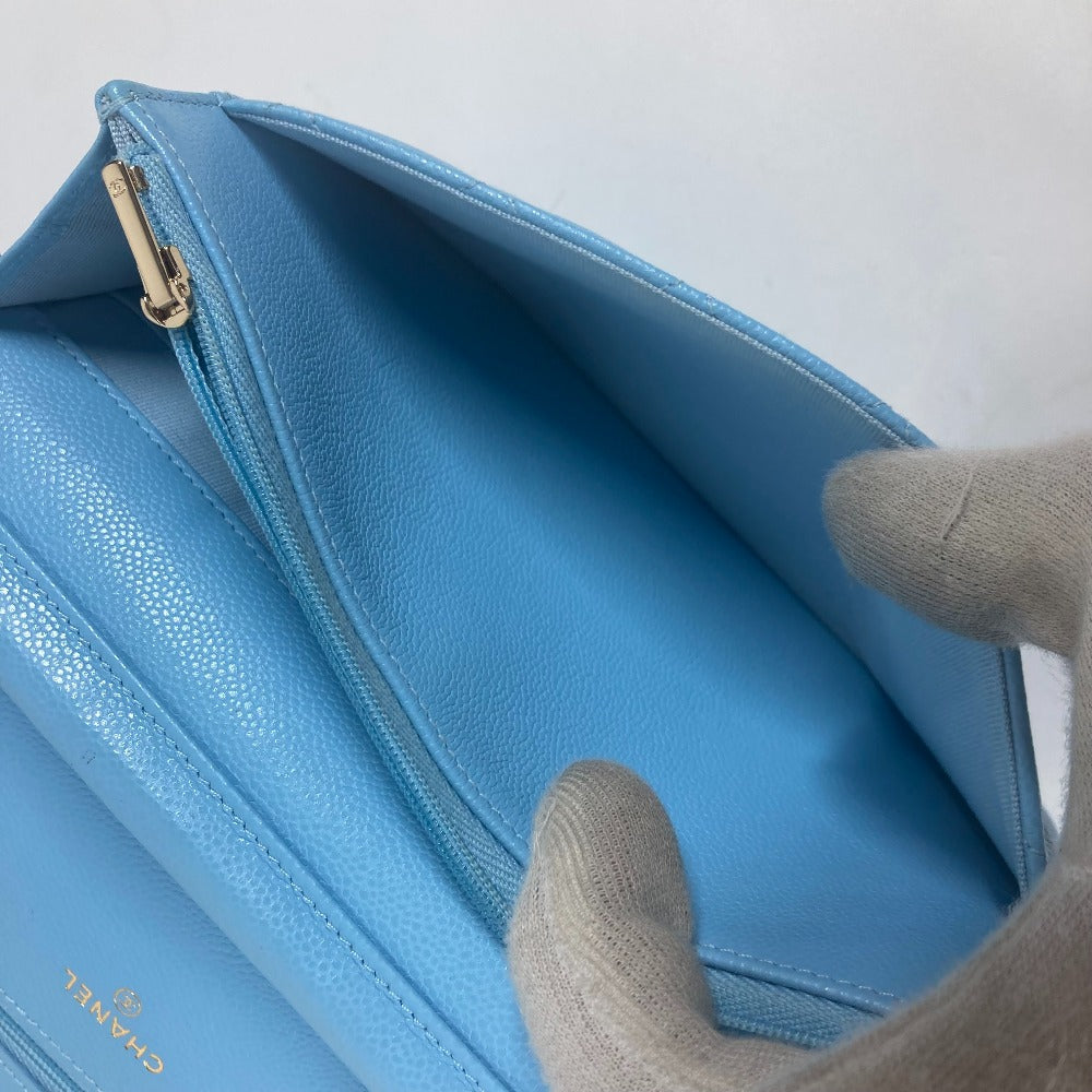 CHANEL AP0250 CCココマーク マトラッセ タイムレスクラシック チェーンウォレット カバン 長財布 チェーンバッグ 斜め掛け ショルダーバッグ キャビアスキン レディース ライトブルー