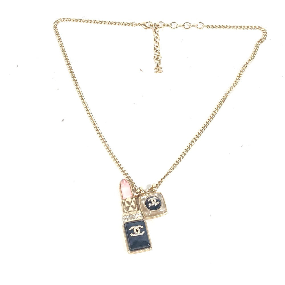 CHANEL 22C CC ココマーク ラインストーン 口紅 リップ ロングネックレス アクセサリー チェーン ネックレス メタル レディース ゴールド