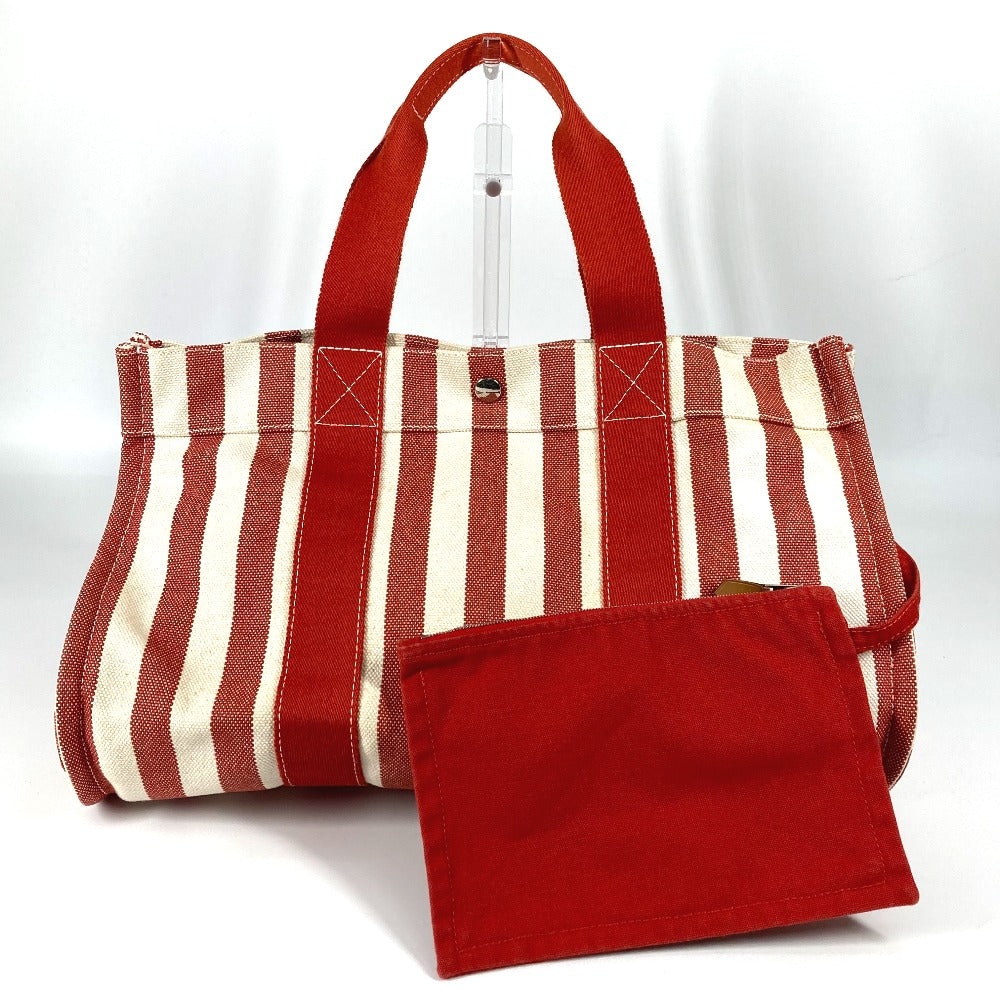 HERMES カンヌ GM ストライプ カバン ポーチ付き トートバッグ キャンバス ハンドバッグ キャンバス レディース レッド - brandshop-reference