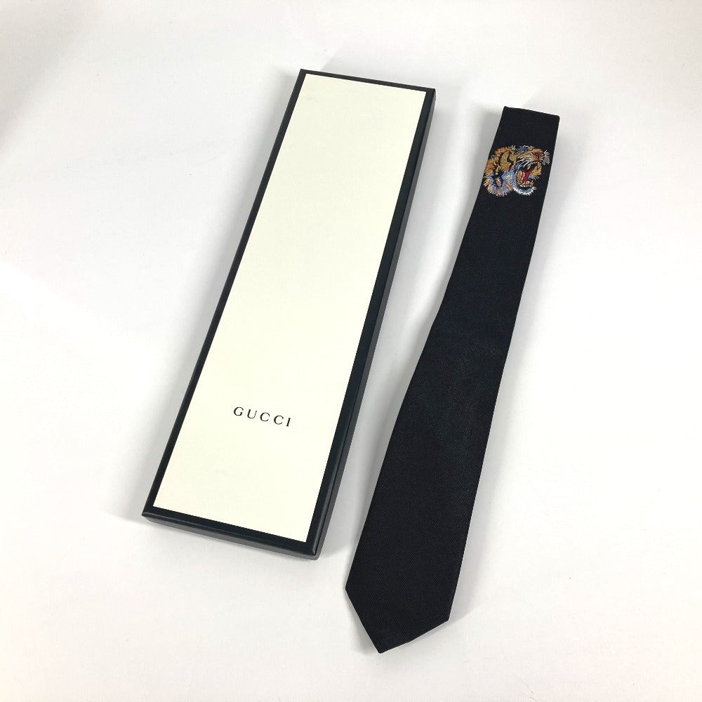 GUCCI Tiger Embroidered Animal Accessory Silk Tie Men's Black