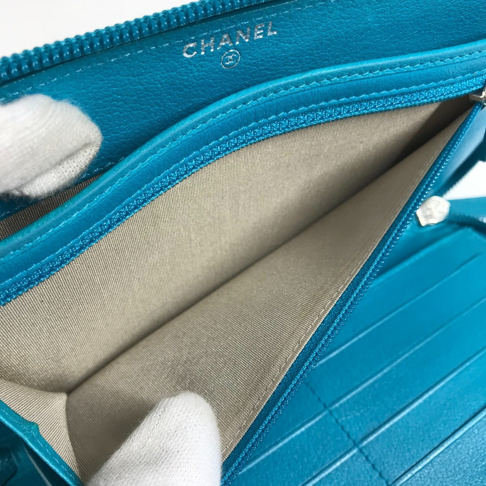 Chanel Camellia CC Coco Mark Round Zipper Long Wallet Leather Leather Women Blue