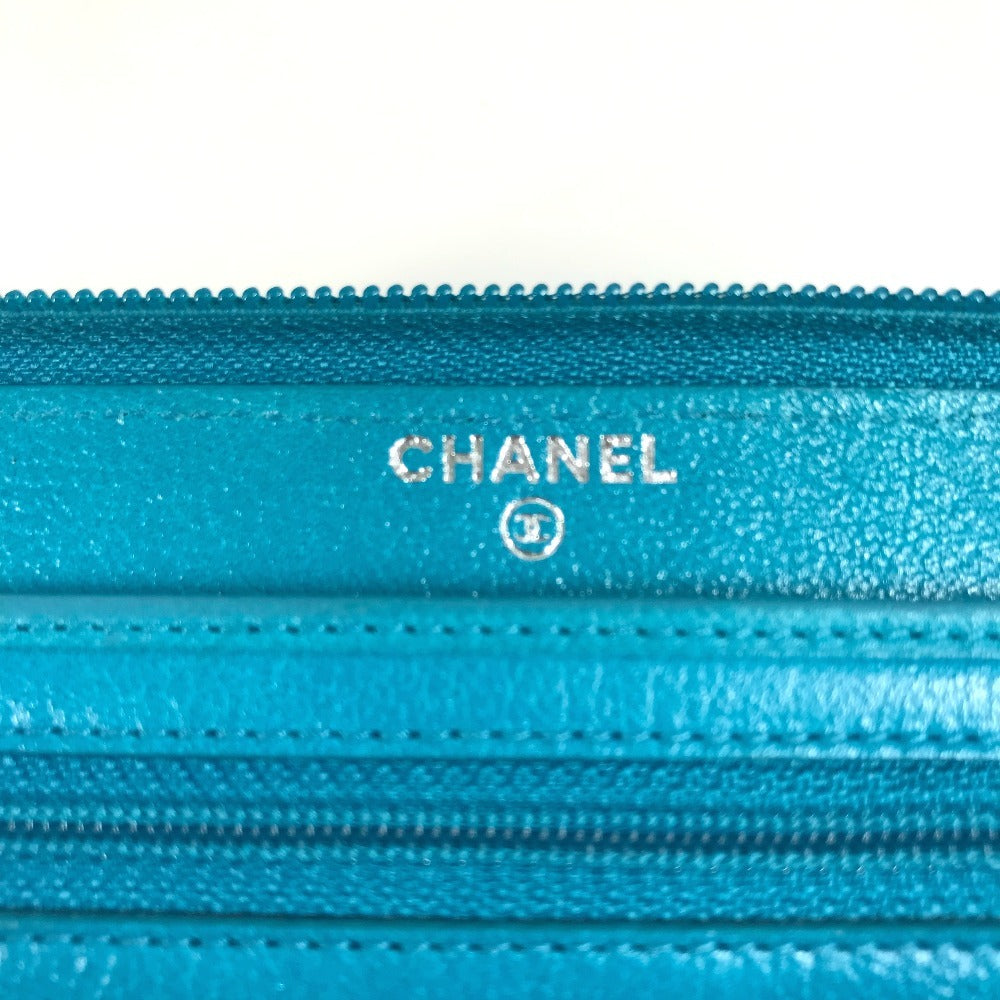 Chanel Camellia CC Coco Mark Round Zipper Long Wallet Leather Leather Women Blue