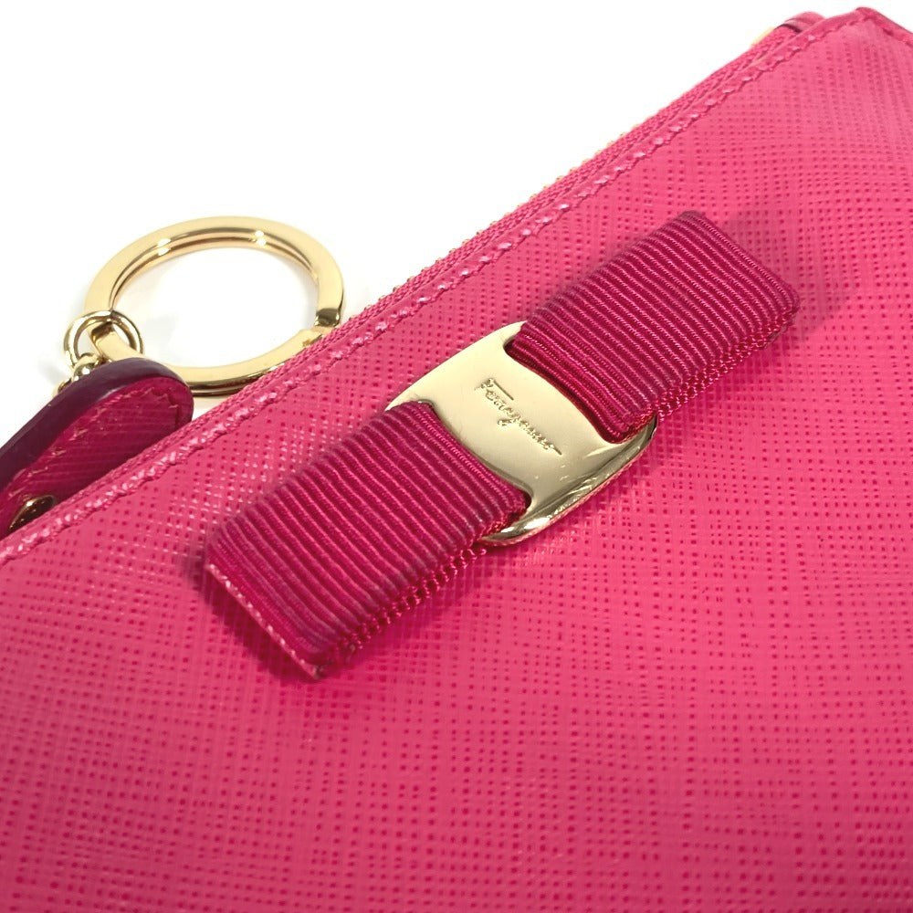 Salvatore Ferragamo Rose Ribbon with Key Ring Coin Purse Wallet Coin Case Leather Women's Pink