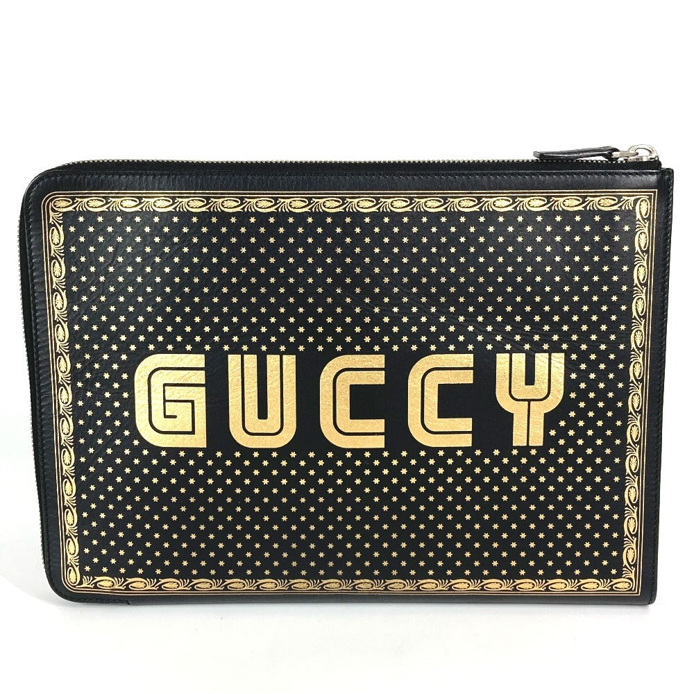 GUCCI 523441 Sega collaboration GUCCY logo with handle bag pouch second bag clutch bag leather unisex black