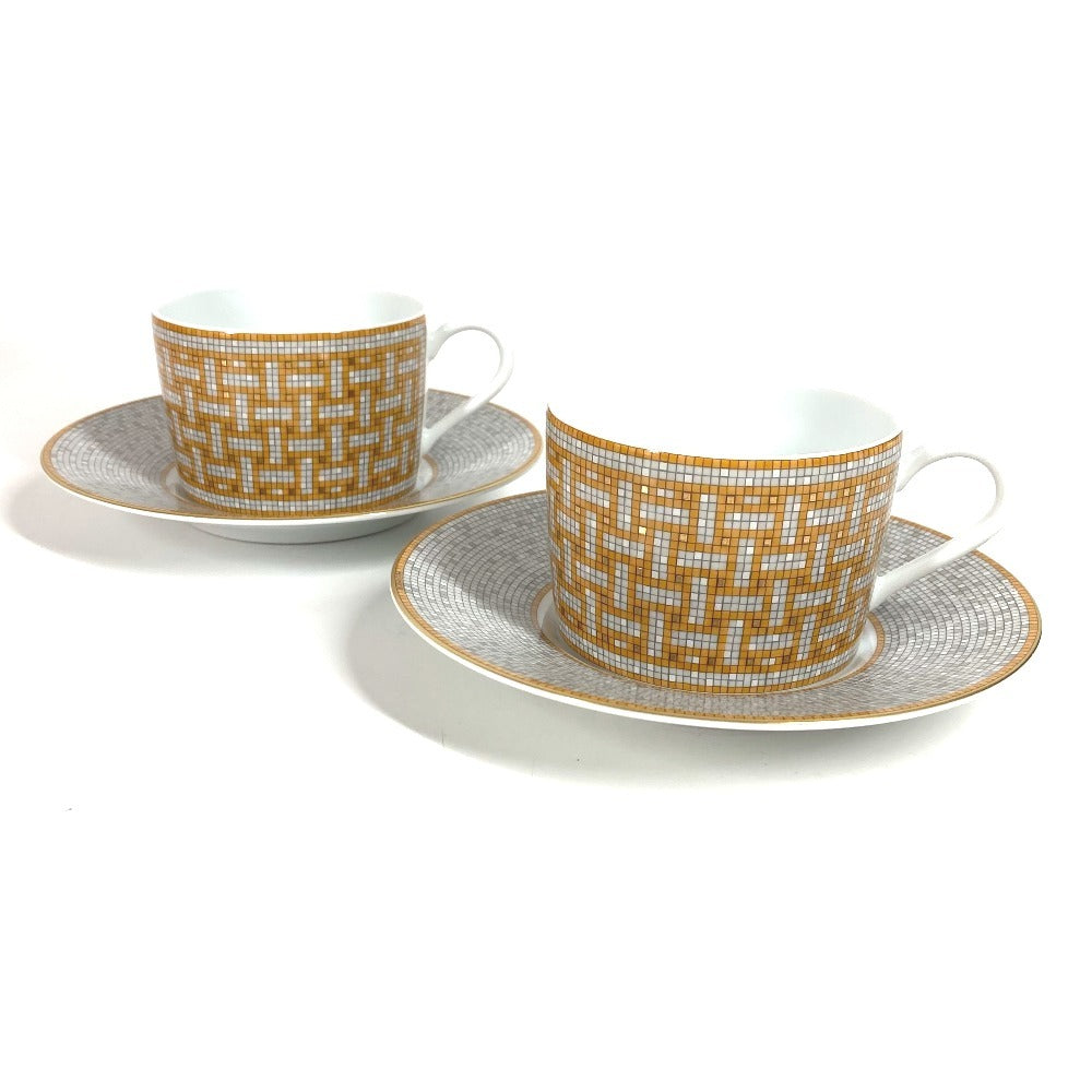 HERMES P026016P Set Tableware Plate Tea Cup & Saucer <Mosaic 24> 2 Guests Pair Interior Present Mug Porcelain Ladies Gold