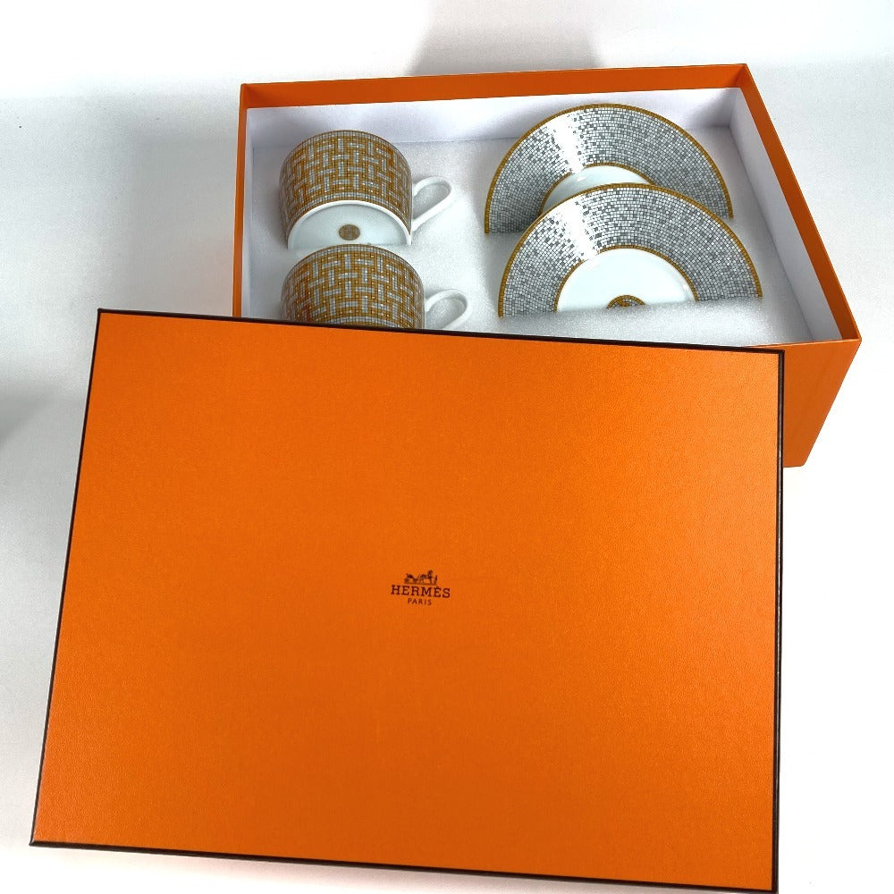HERMES P026016P Set Tableware Plate Tea Cup & Saucer <Mosaic 24> 2 Guests Pair Interior Present Mug Porcelain Ladies Gold