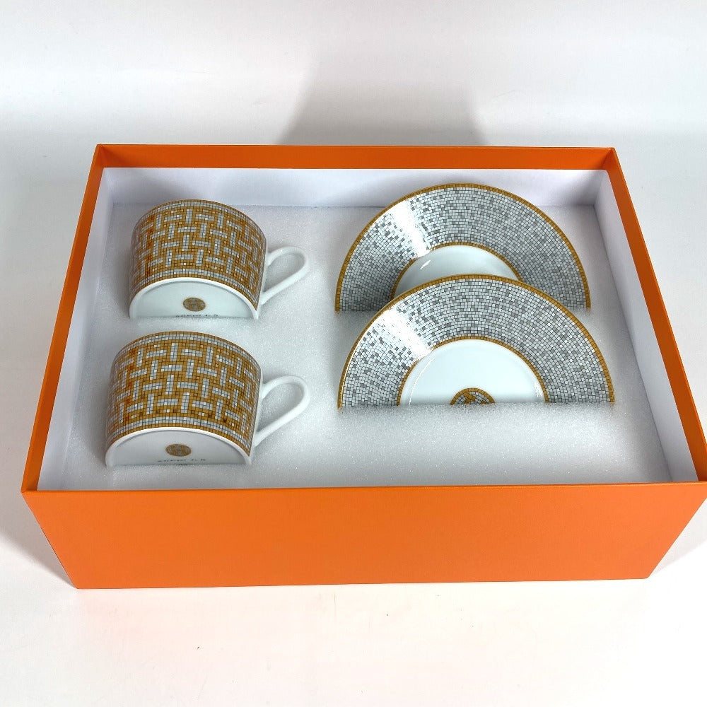 HERMES P026016P Set Tableware Plate Tea Cup & Saucer <Mosaic 24> 2 Guests Pair Interior Present Mug Porcelain Ladies Gold