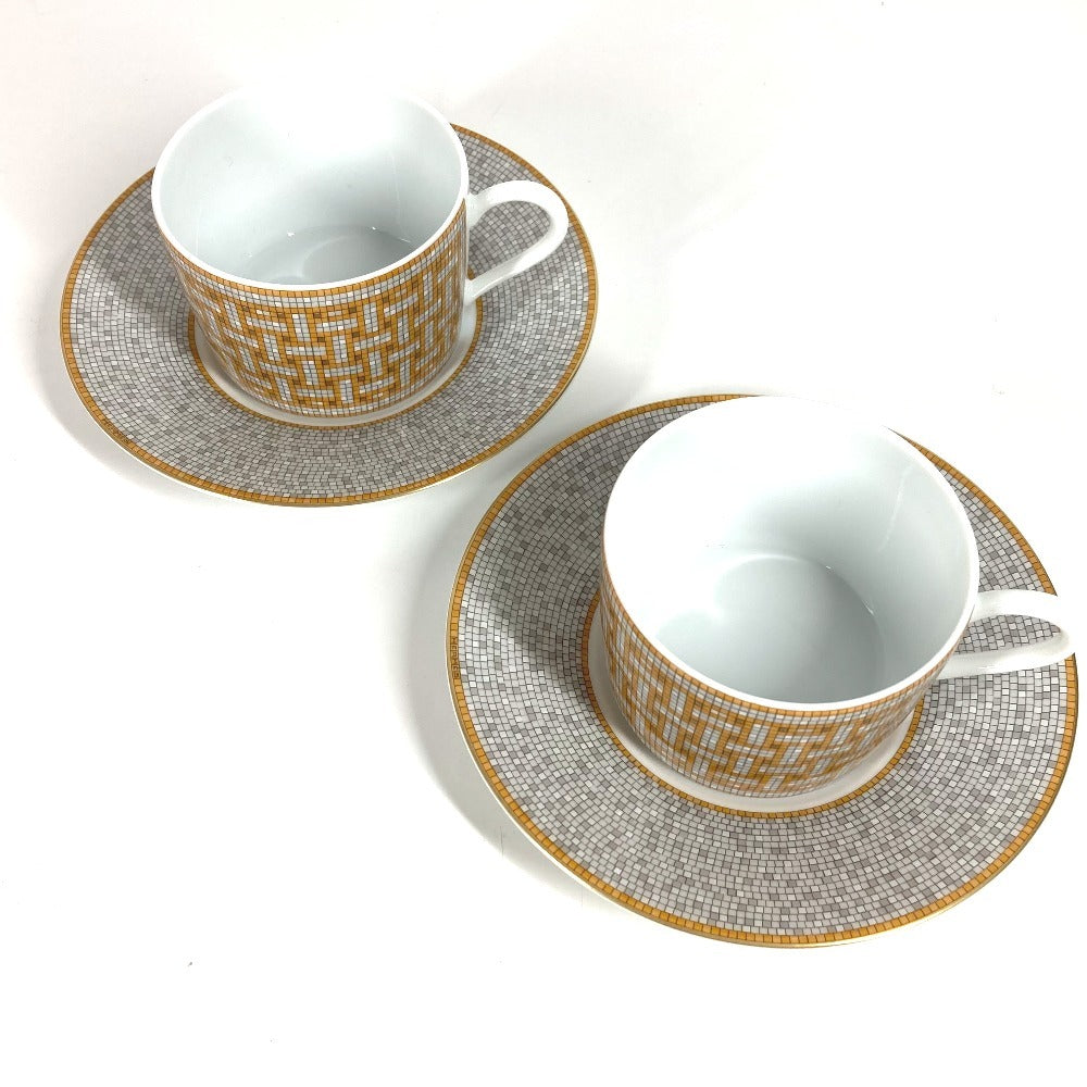 HERMES P026016P Set Tableware Plate Tea Cup & Saucer <Mosaic 24> 2 Guests Pair Interior Present Mug Porcelain Ladies Gold