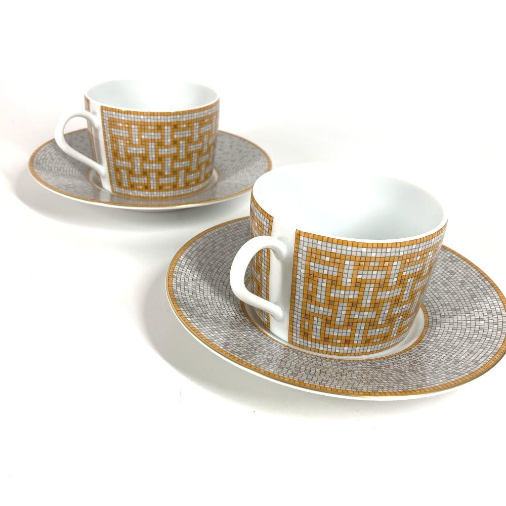 HERMES P026016P Set Tableware Plate Tea Cup & Saucer <Mosaic 24> 2 Guests Pair Interior Present Mug Porcelain Ladies Gold